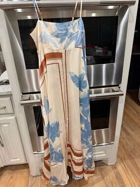 Petal & Pup Cream Maxi Dress with Blue Floral and Brown Trim